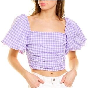 Purple Gingham Puffer Sleeve cropped Top